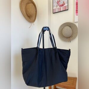 Stella & Dot Navy Tote with Striped Handles